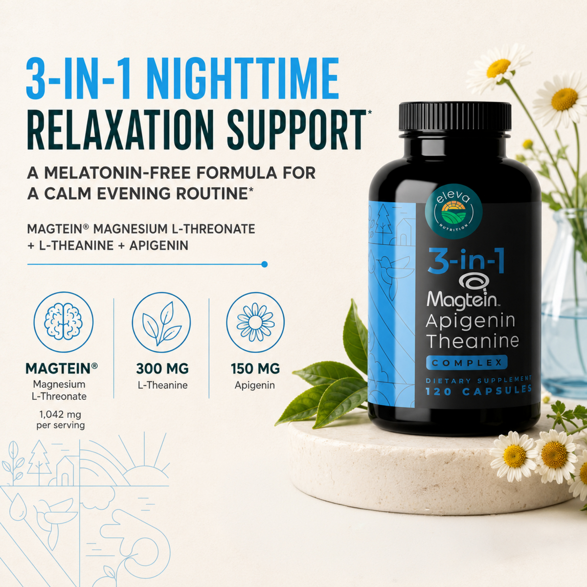 3-in-1 Magtein® Magnesium L-Threonate, Apigenin, L-Theanine Sleep Complex Capsules